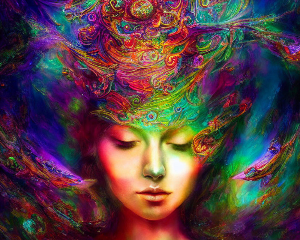 Colorful Psychedelic Patterns Adorn Digital Portrait of Person