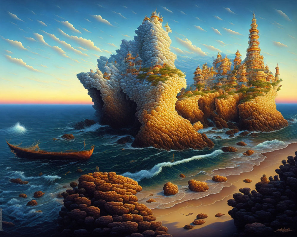 Fantastical landscape with ornate towers, rocky formations, boat, and star reflection at sunset