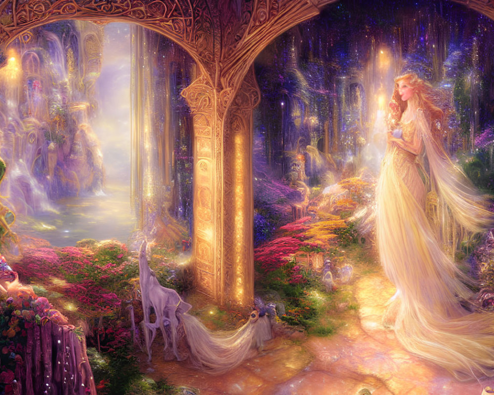 Ethereal woman with glowing staff in magical fantasy scene