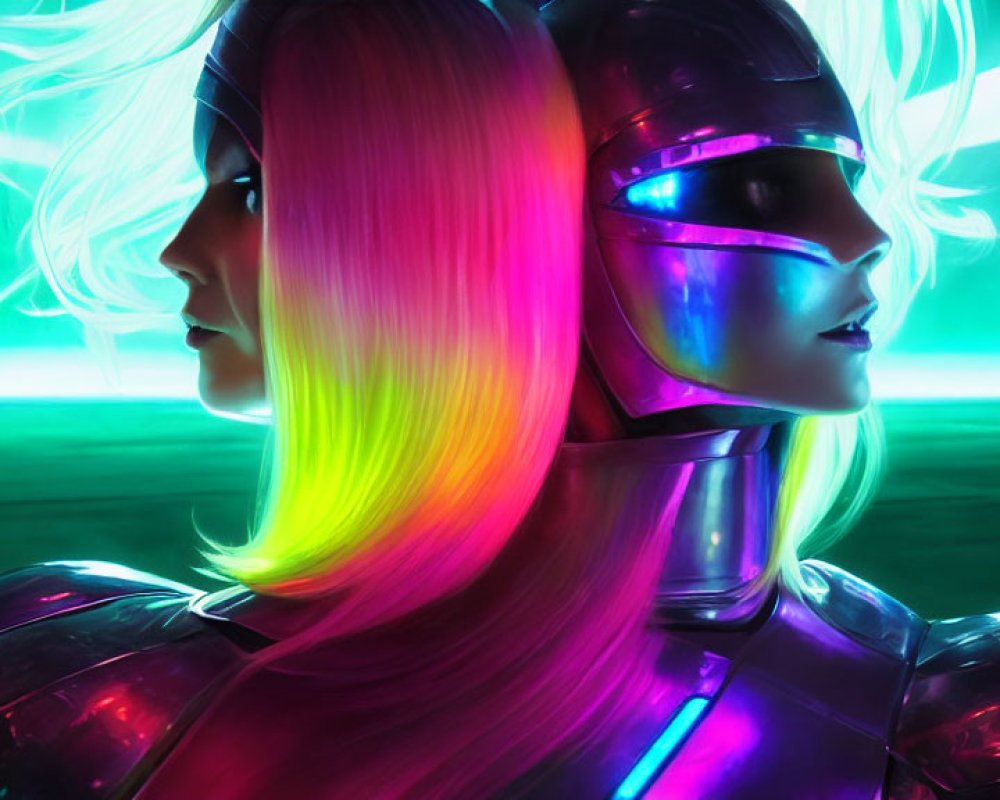 Two neon-haired female figures in futuristic armor on vibrant green backdrop