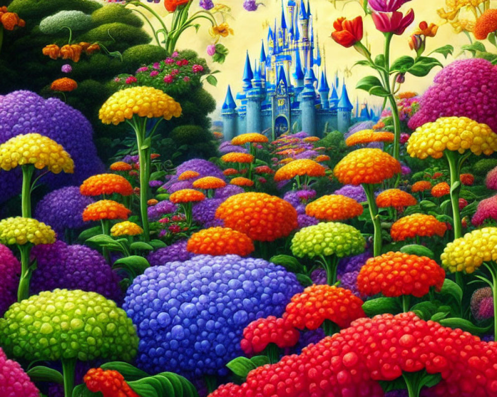 Colorful Garden with Oversized Flowers and Fairytale Castle Skyline