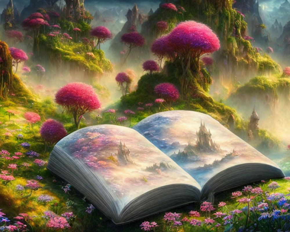 Fantasy Book with Realistic Landscape Pages and Vibrant Pink Trees