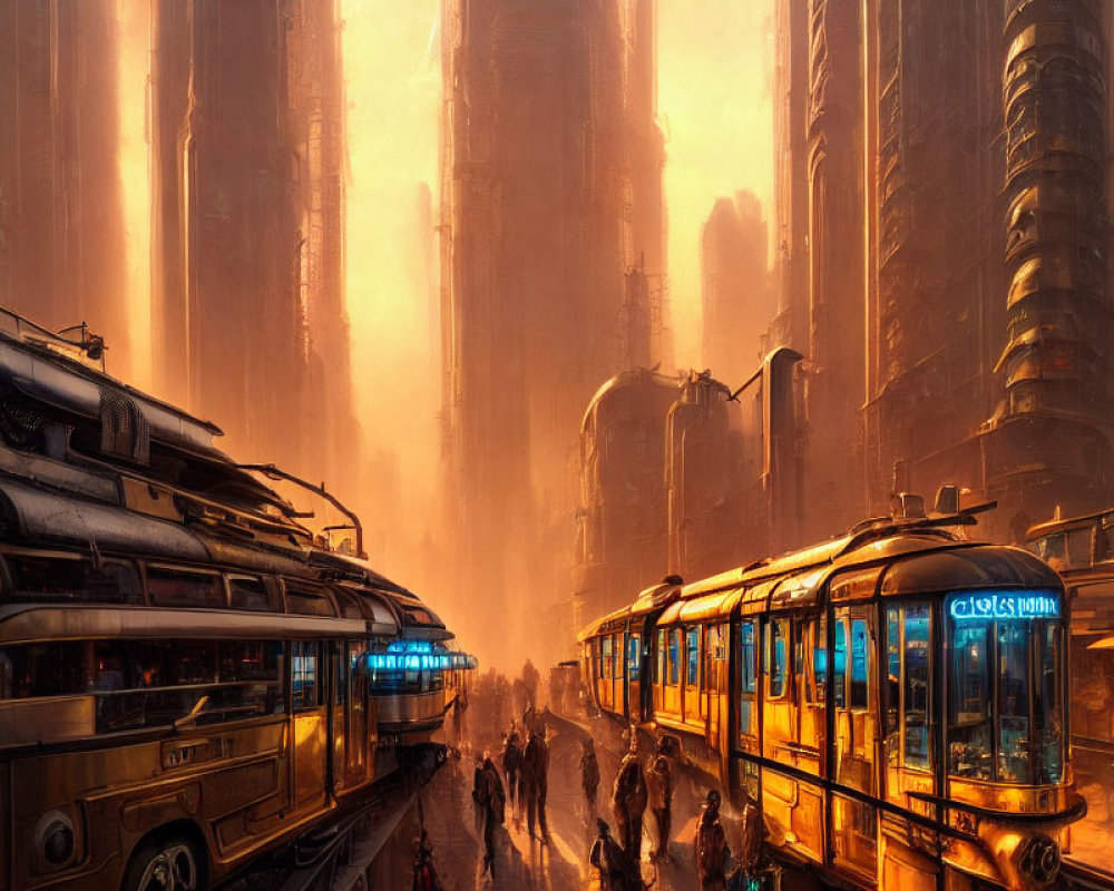 Futuristic city street with skyscrapers and retro-futuristic trams