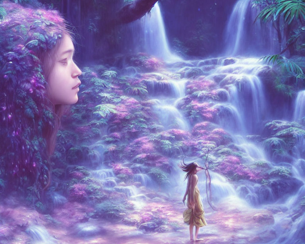 Giant Woman's Face in Purple Floral Landscape with Waterfalls