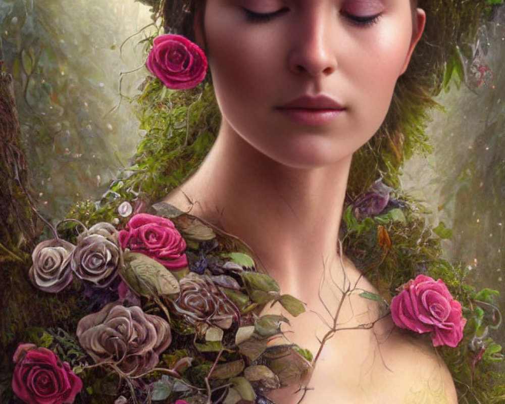 Woman blending with floral landscape surrounded by roses and foliage