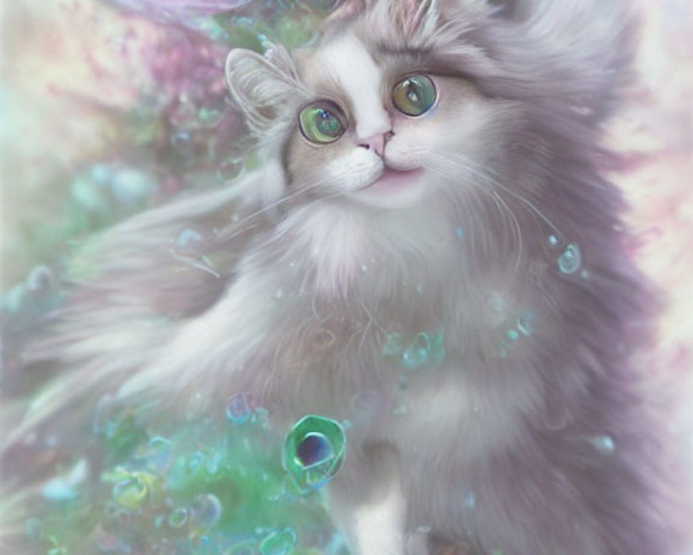 Fluffy cat with green eyes plays with bubbles in dreamy scene