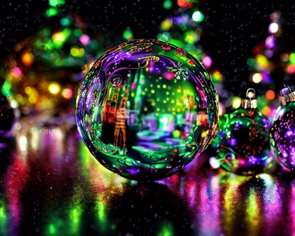 Colorful Christmas Baubles on Glittery Surface with Bokeh Lights