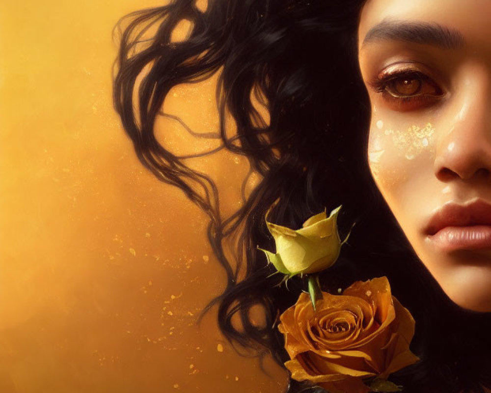 Close-up Portrait with Dark Curly Hair, Expressive Eyes, and Gold Roses