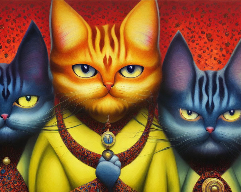 Three anthropomorphic cats in business attire with ties, one orange cat holding a pendant