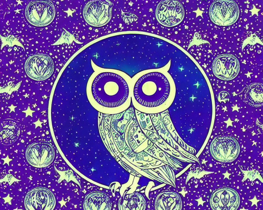 Colorful Owl Illustration on Starry Purple Background