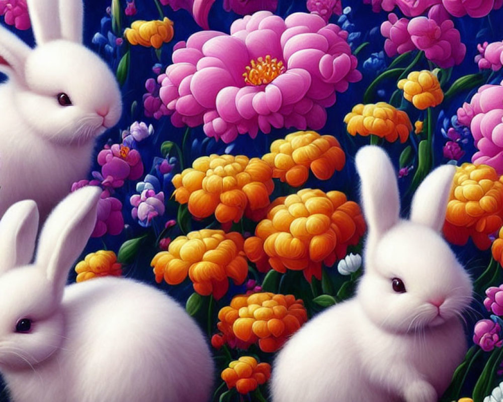 Three White Rabbits Surrounded by Colorful Flowers on Dark Blue Background