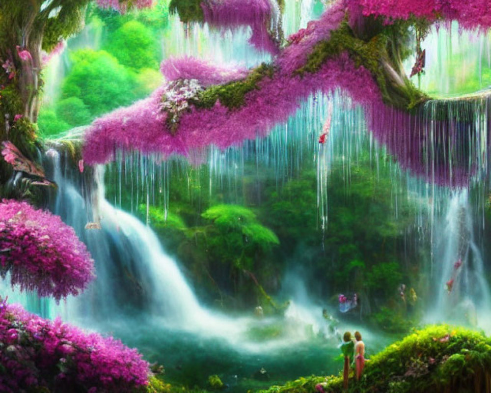 Fantastical landscape with waterfalls, greenery, and solitary figure