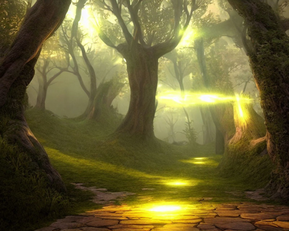 Enchanting forest path with soft sunlight through dense canopy