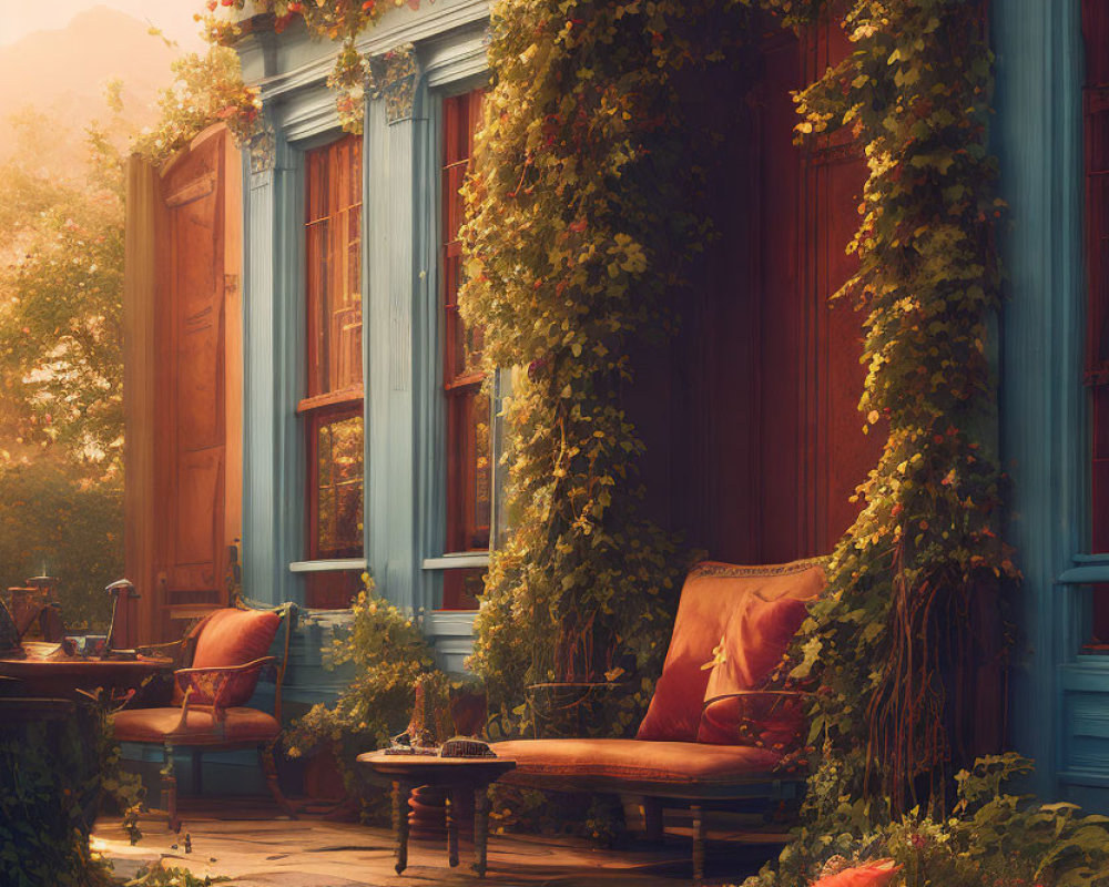 Sunlit porch with blue wooden walls, lush greenery, vibrant flowers, wooden table, red cushion