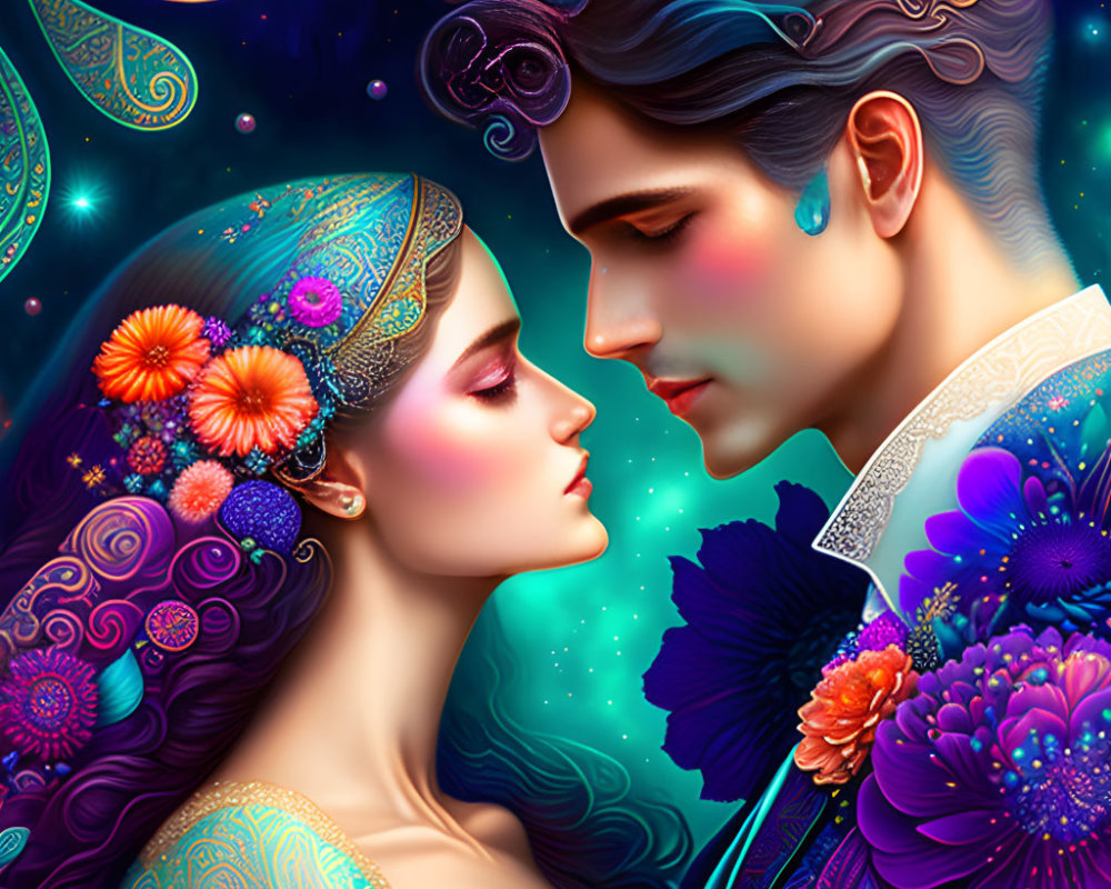 Colorful Illustrated Couple with Cosmic Backgrounds in Intimate Pose