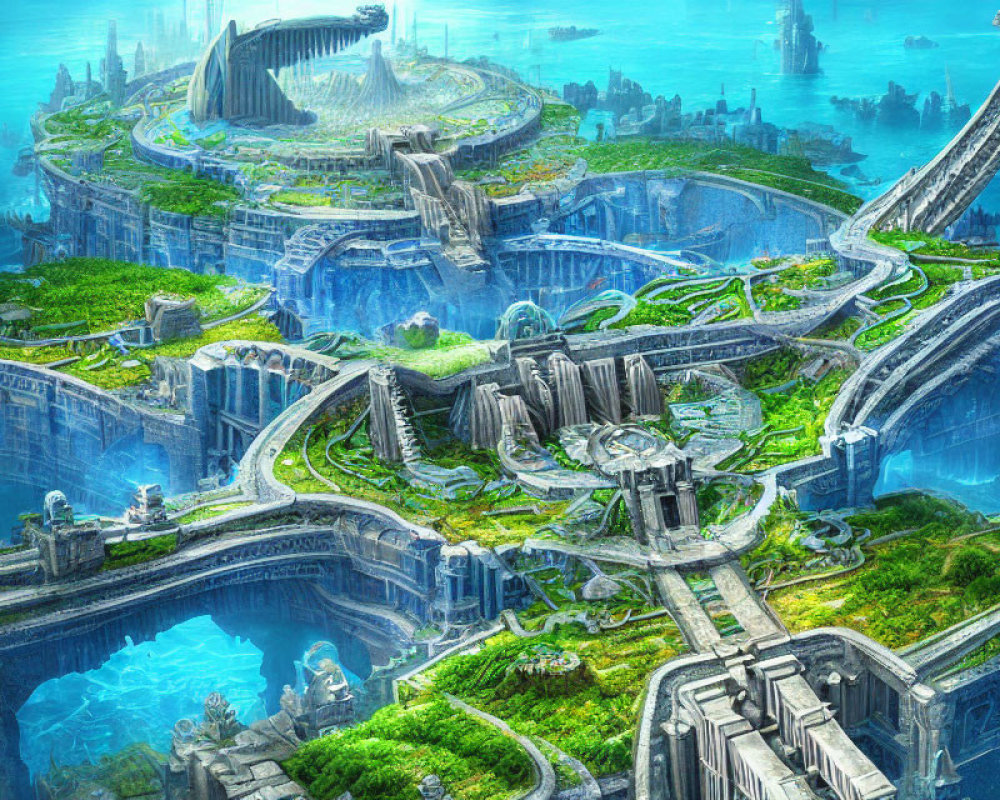 Fantastical underwater city with lush greenery and intricate architecture