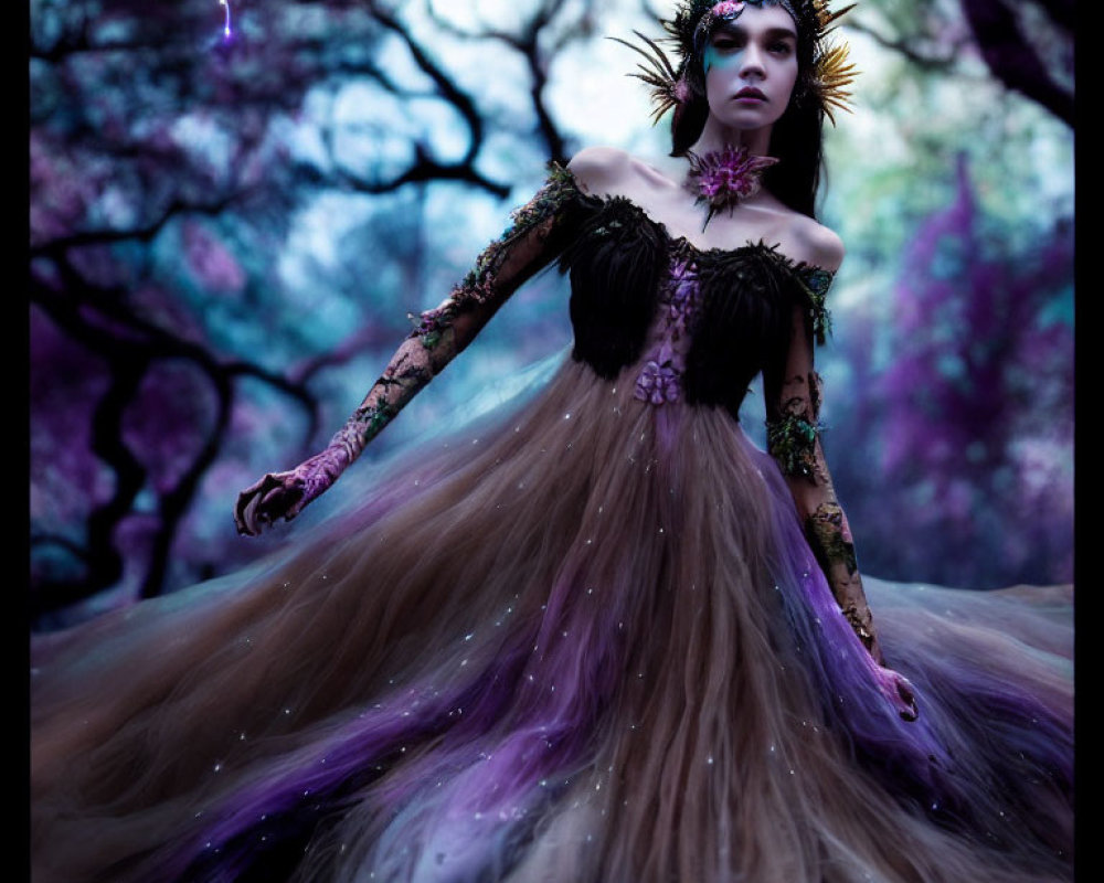 Mystical woman in dramatic purple gown with golden headpiece in enchanted forest