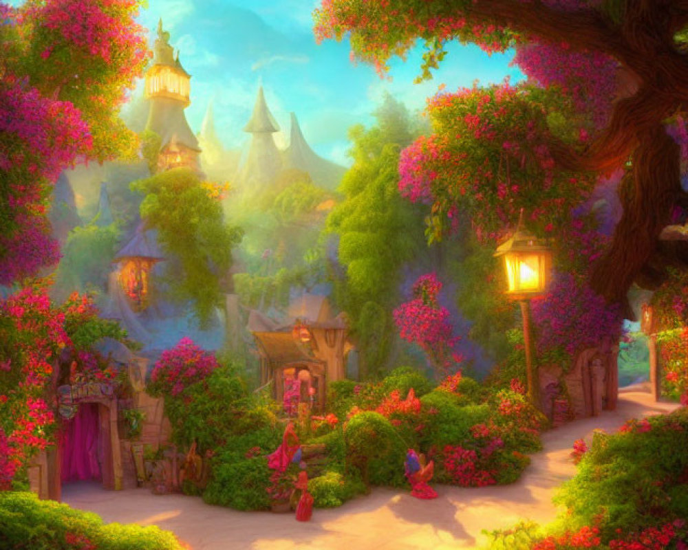 Vibrant Flower Pathway with Glowing Lanterns & Whimsical Cottages