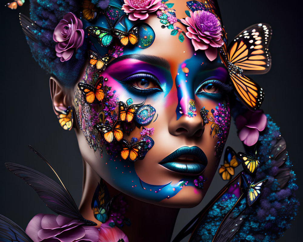 Colorful digital illustration of woman with vibrant flowers, butterflies, and makeup