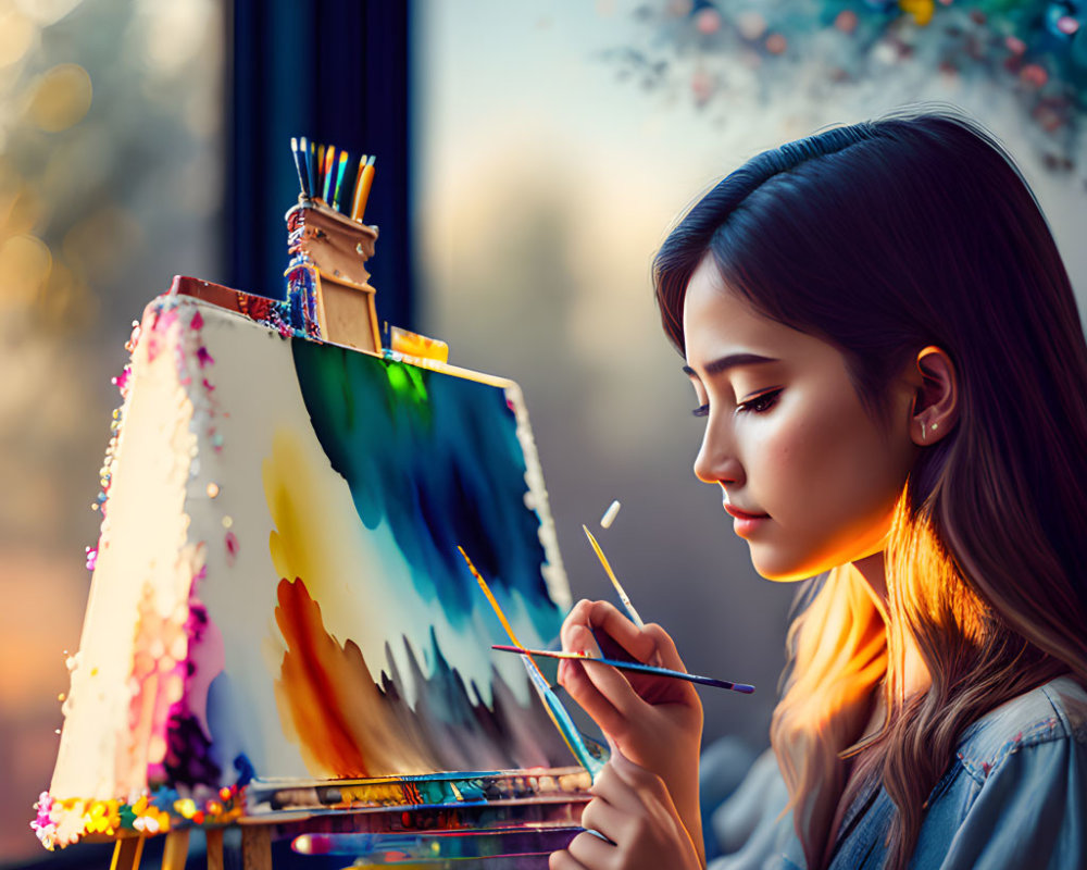 Young woman painting vibrant colors near window with natural light.