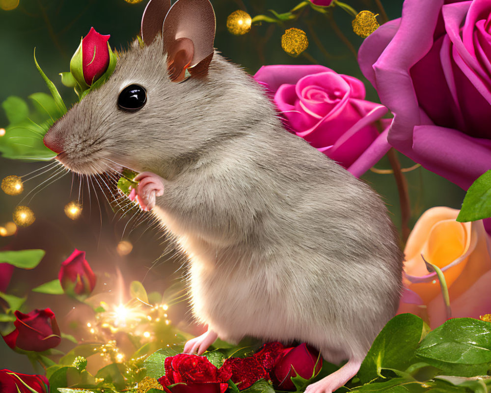 Mouse posing among vibrant roses with sparkling lights - whimsical image