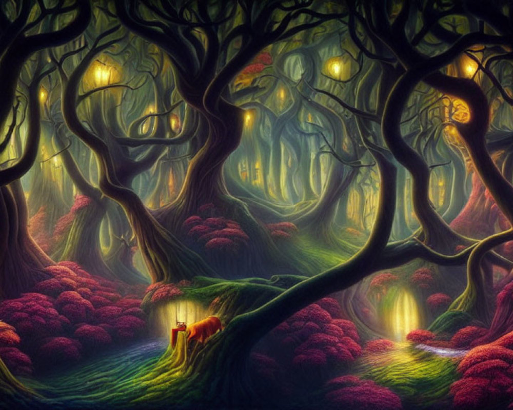 Mysterious Twilight Forest with Twisted Trees and Glowing Lanterns