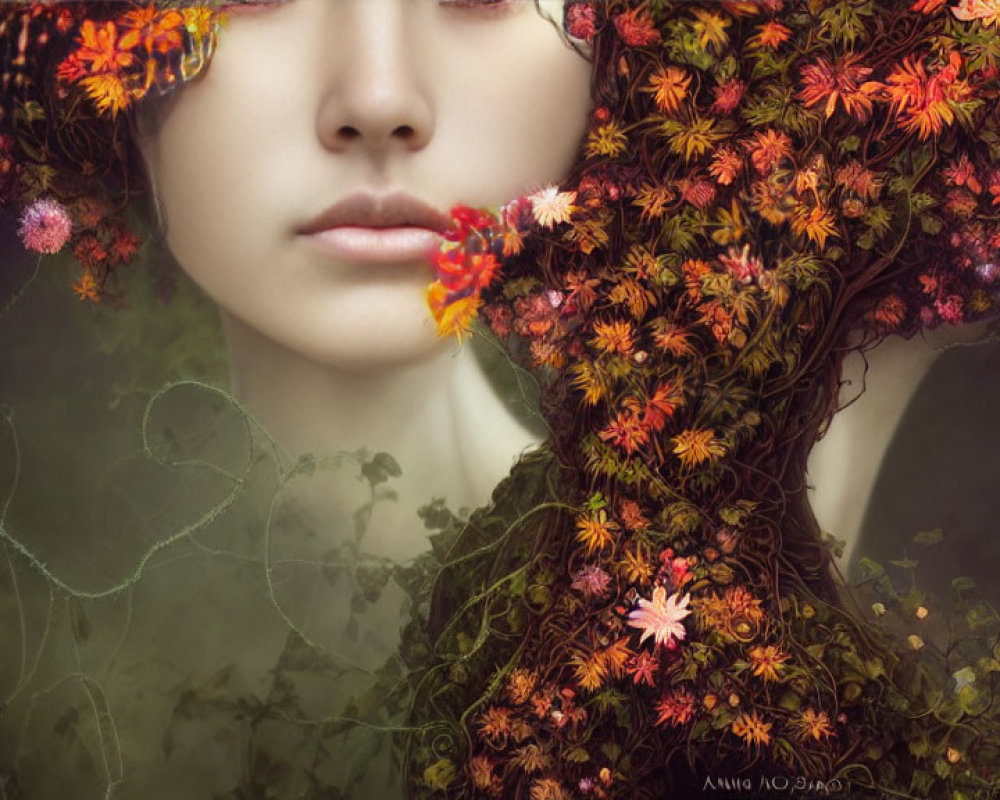 Colorful Floral Silhouette Portrait of Woman in Tranquil Setting