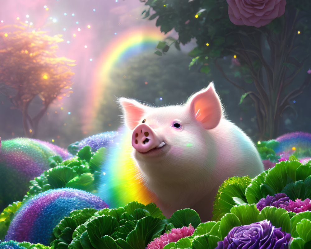 Colorful piglet surrounded by flowers and rainbow in whimsical scene