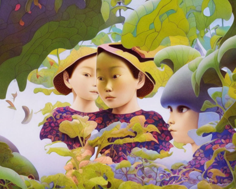 Stylized characters with unique headwear in vibrant foliage landscape