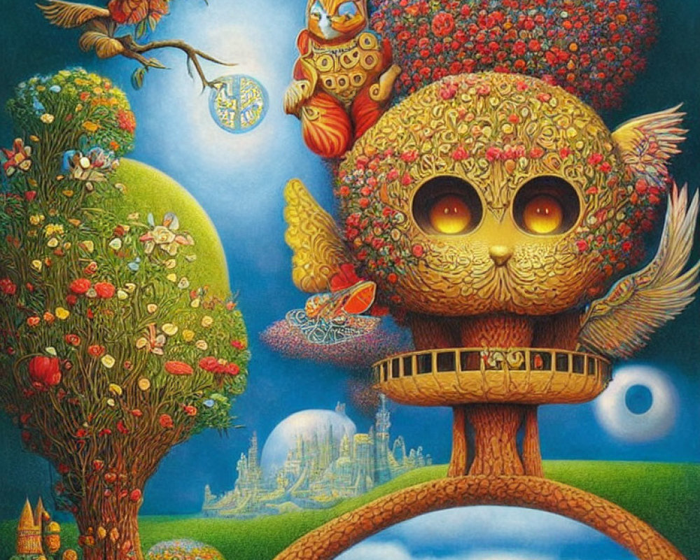 Colorful Owl-Shaped Tree Illustration with Fantastical Elements