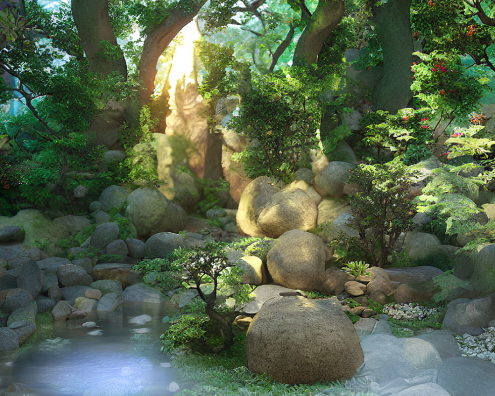 Tranquil forest landscape with sunlight, rocks, and pond