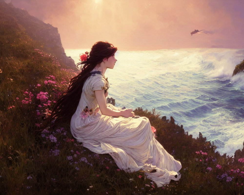 Woman in white dress on cliff overlooking waves, flowers, and ship