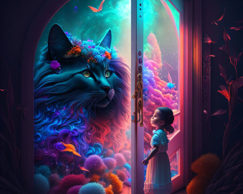 Child at open doorway to vibrant cosmic scene with giant whimsical cat