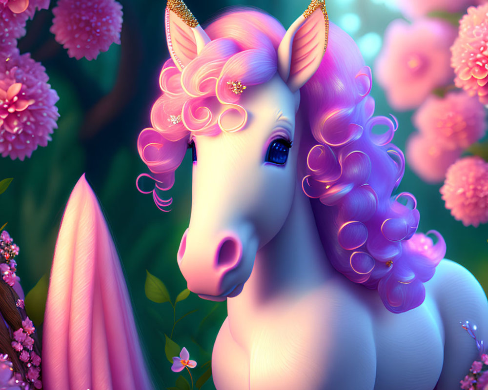 Pink-Maned Unicorn in Vibrant Blossom Scene