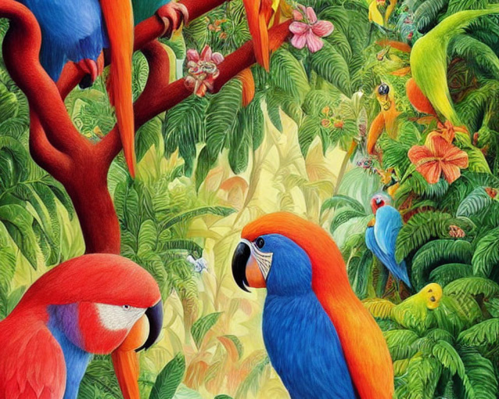 Vibrant Parrots Perched on Branches in Tropical Scene