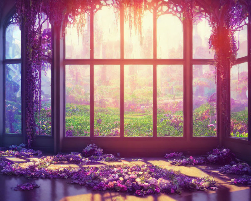 Bright sunlight through bay window highlights garden view and flower petals.