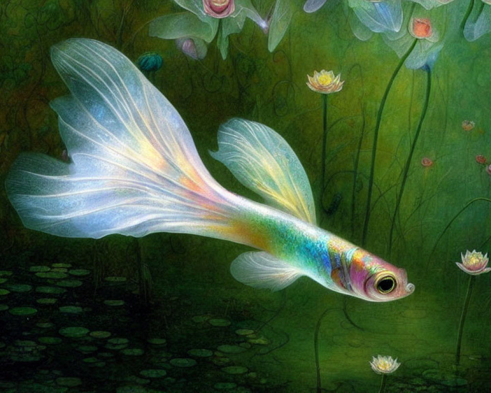 Colorful fish among blooming lotus flowers and lily pads in ethereal underwater scene