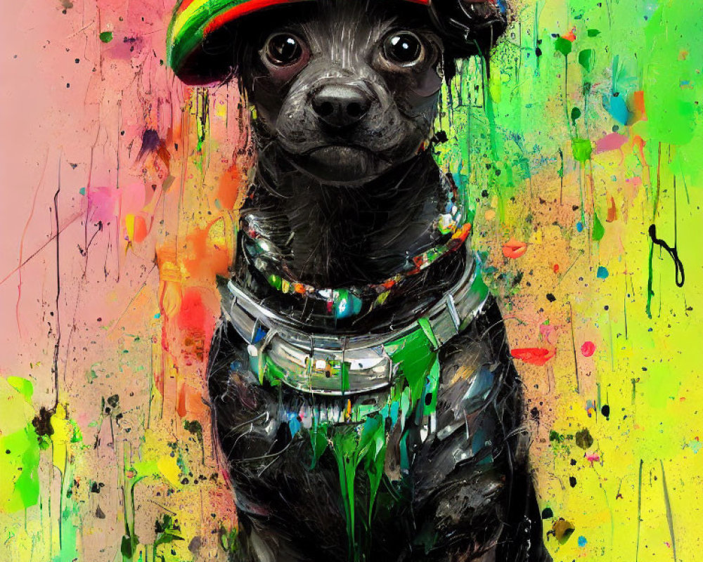 Colorful black dog with hat and necklace on vibrant paint background