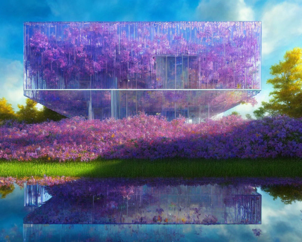 Modern transparent structure with purple foliage, lavender fields, and serene water reflection.