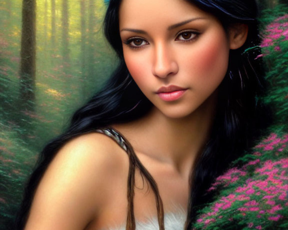 Woman with Feather Headdress in Greenery: Dark Hair and Striking Features Stand Out