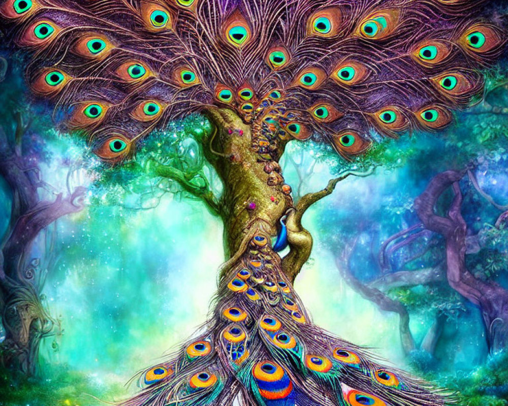 Vibrant peacock feathers blend with tree branches in mystical forest