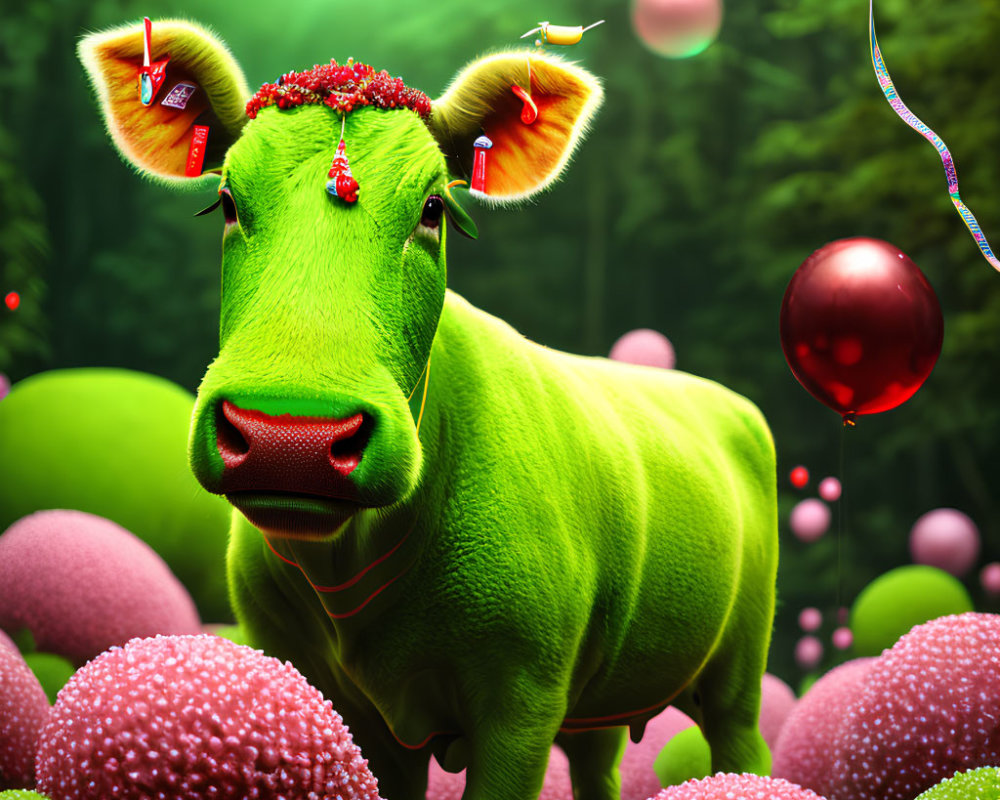 Colorful Cartoon Cow with Festive Decorations and Earrings in Whimsical Forest Scene