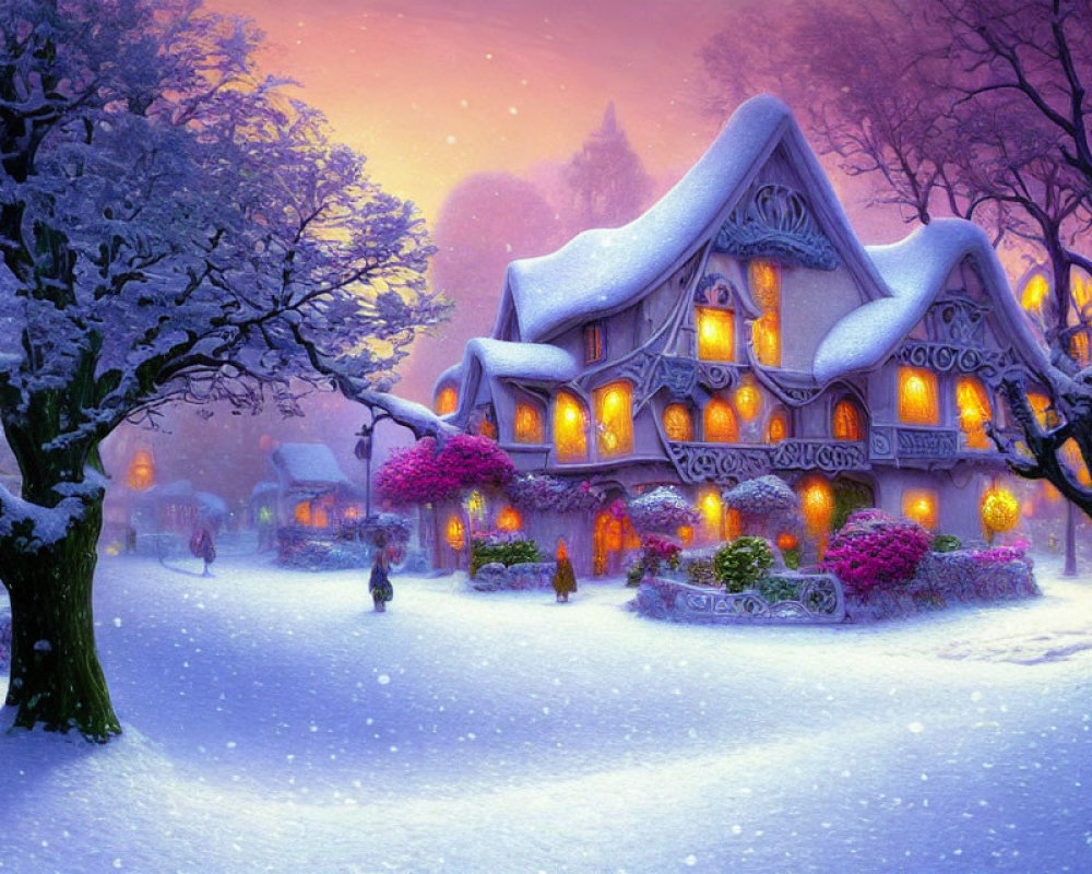 Snow-covered cottage and illuminated trees in twilight winter scene