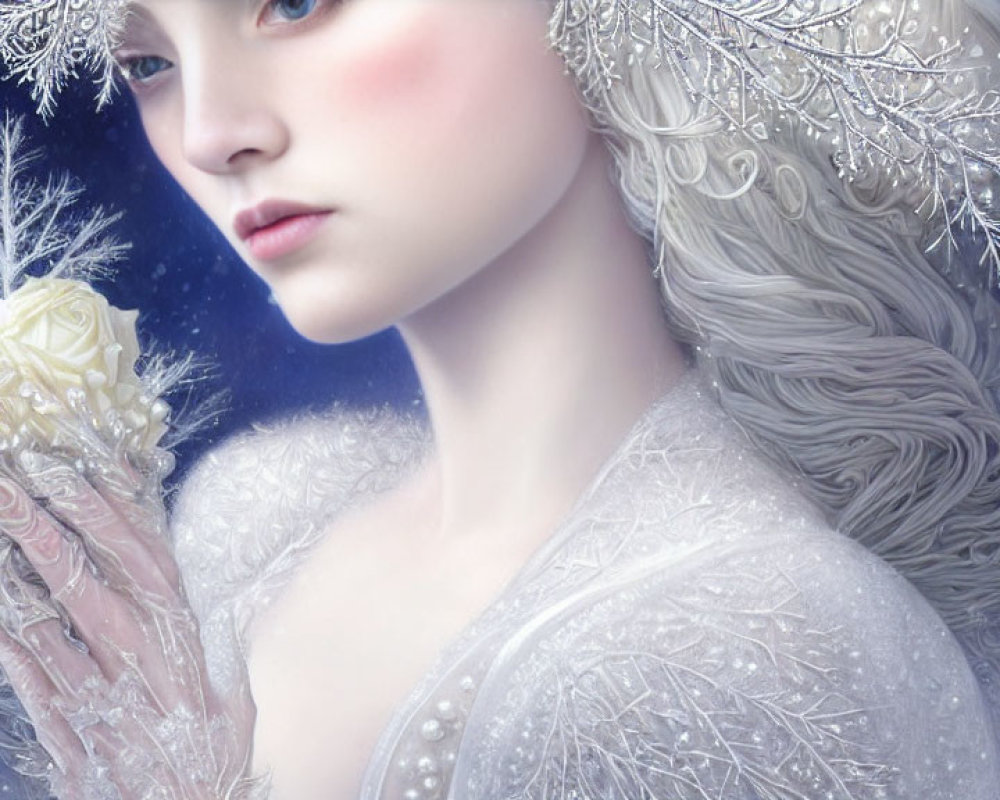 Illustrated winter portrait with pale skin, white hair, snowflake attire, and bouquet