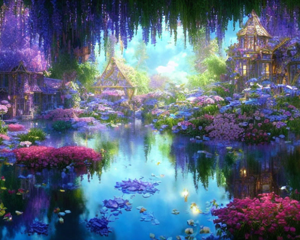 Luminous buildings in enchanted landscape with hanging wisteria