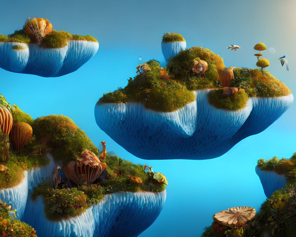 Fantasy landscape with floating islands and oversized mushrooms in lush greenery