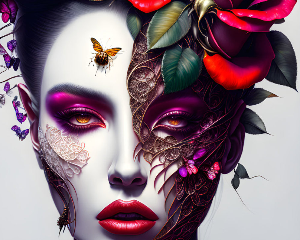 Digital artwork: Woman's face with floral, lace patterns, roses, butterflies, dramatic makeup, bee