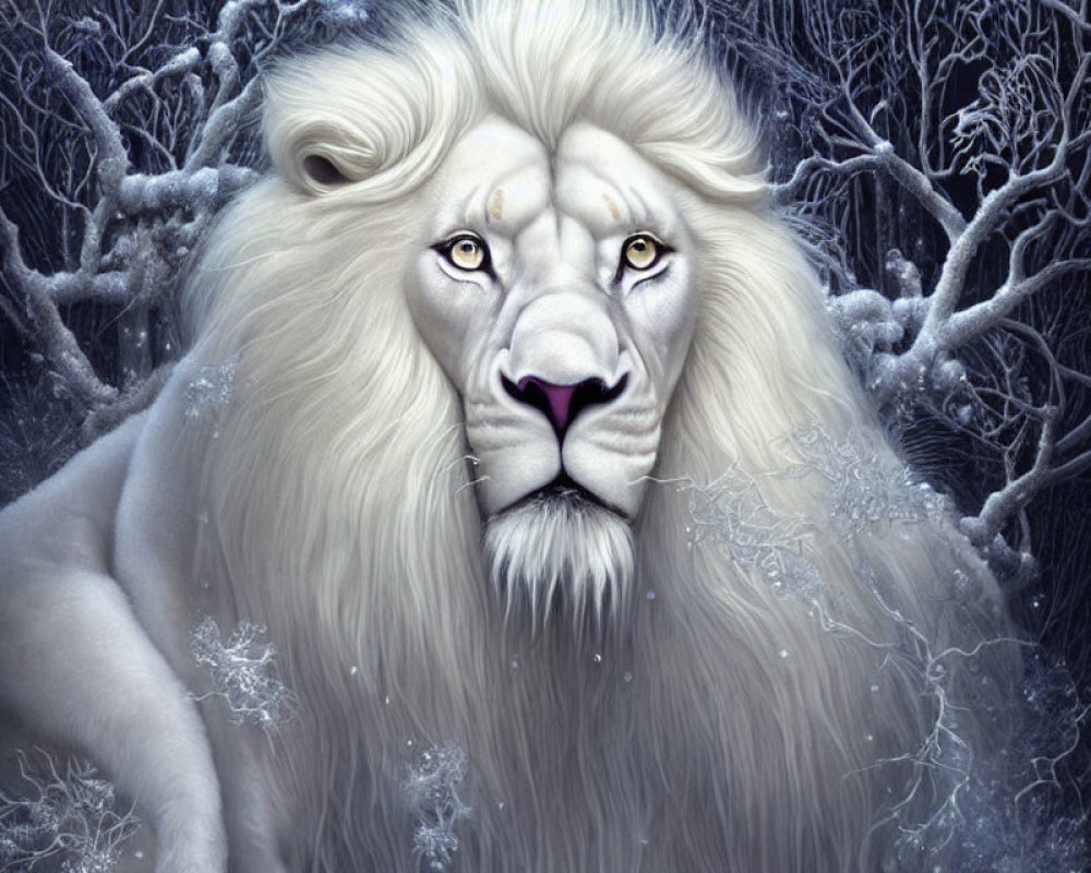 White lion with piercing eyes in snowy forest