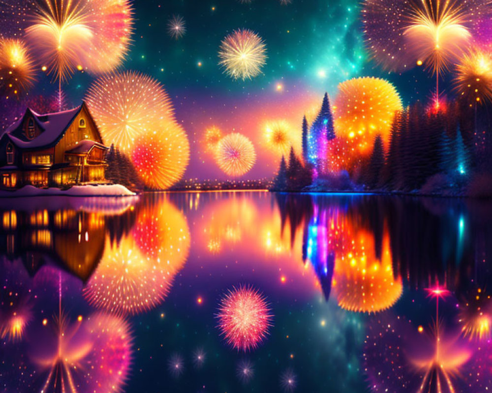 Lakeside Night Scene with Cabin, Fireworks, and Starry Sky