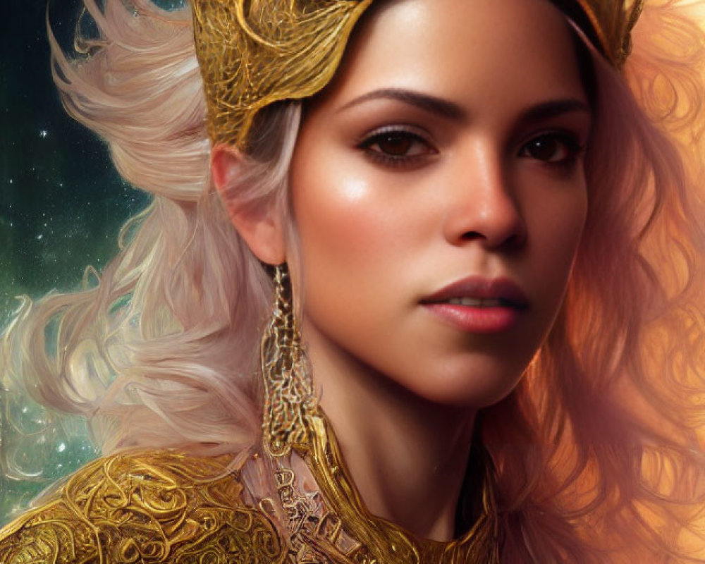 Digital Artwork: Woman in Golden Armor with Cosmic Background